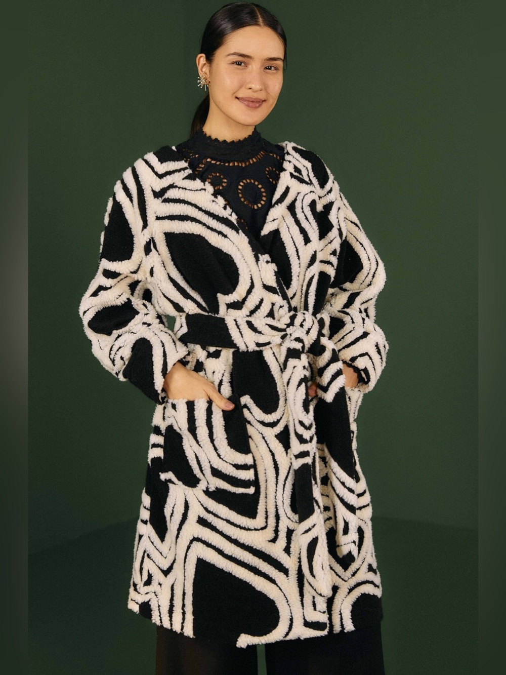 FARM RIO Wild Hearts Fleece Midi Coat Jacket Black White Heart Belted NWT